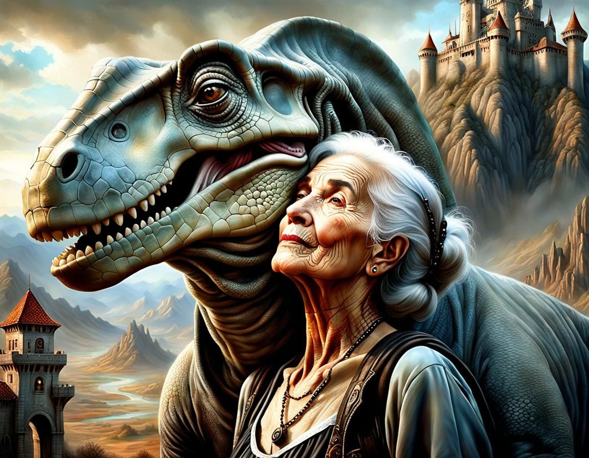 Old Woman and Brontosaurus in Dreamlike Fantasy Style