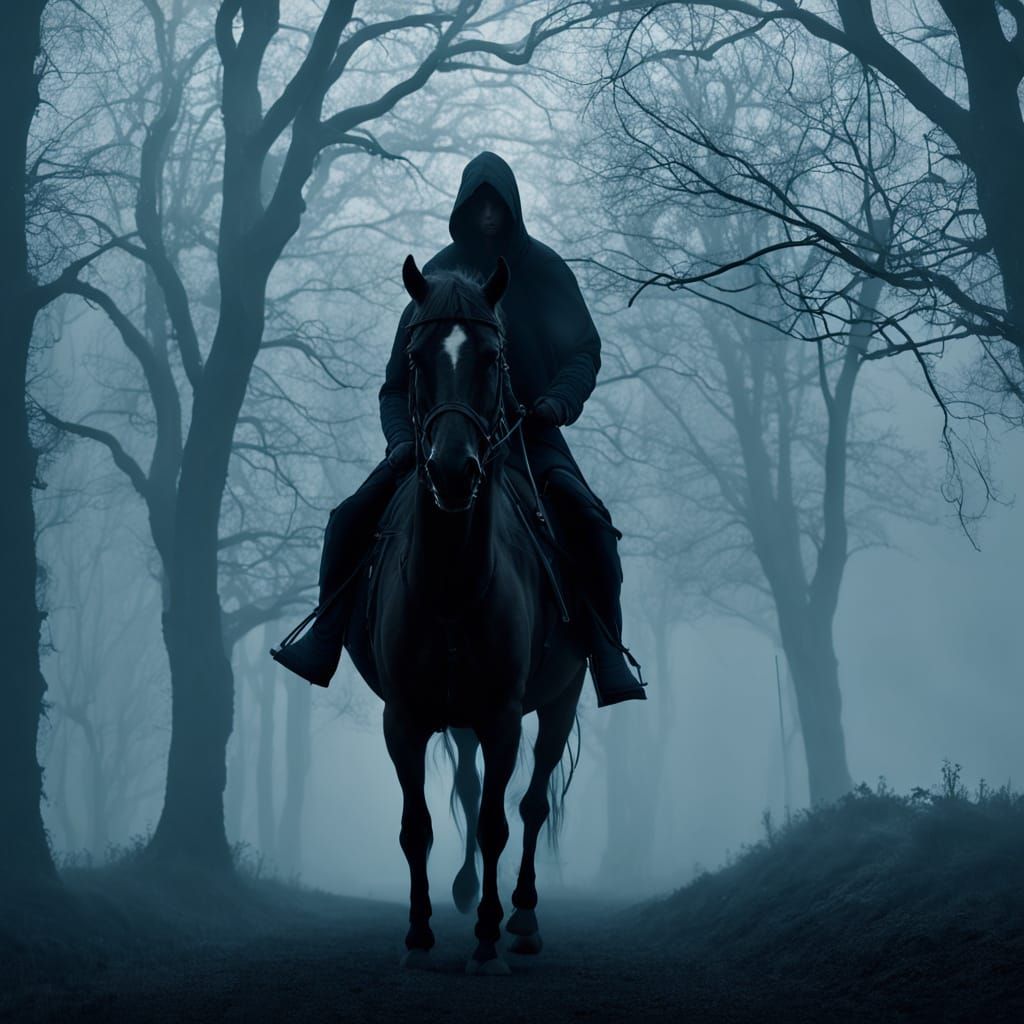 Hooded rider mounted on a black horse