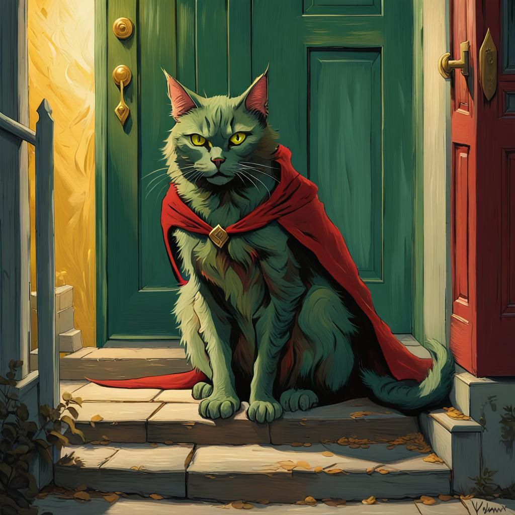 A menacing green cat creature facing you through an open front door of a house. The cat is sit-in on a doorstep. The cre...