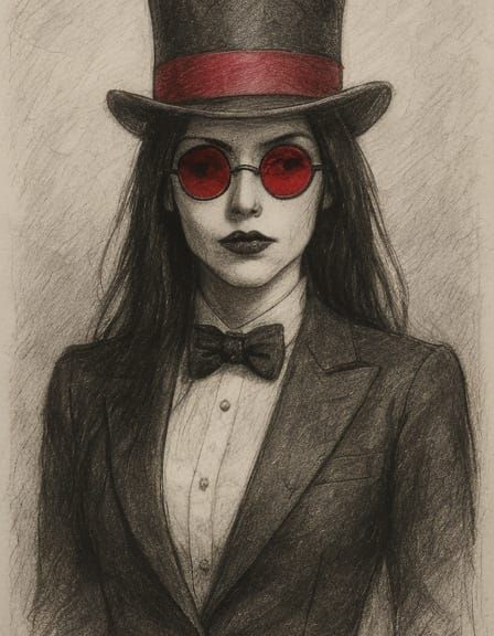 Gothic Woman in Tuxedo: Photorealistic Pencil Sketch