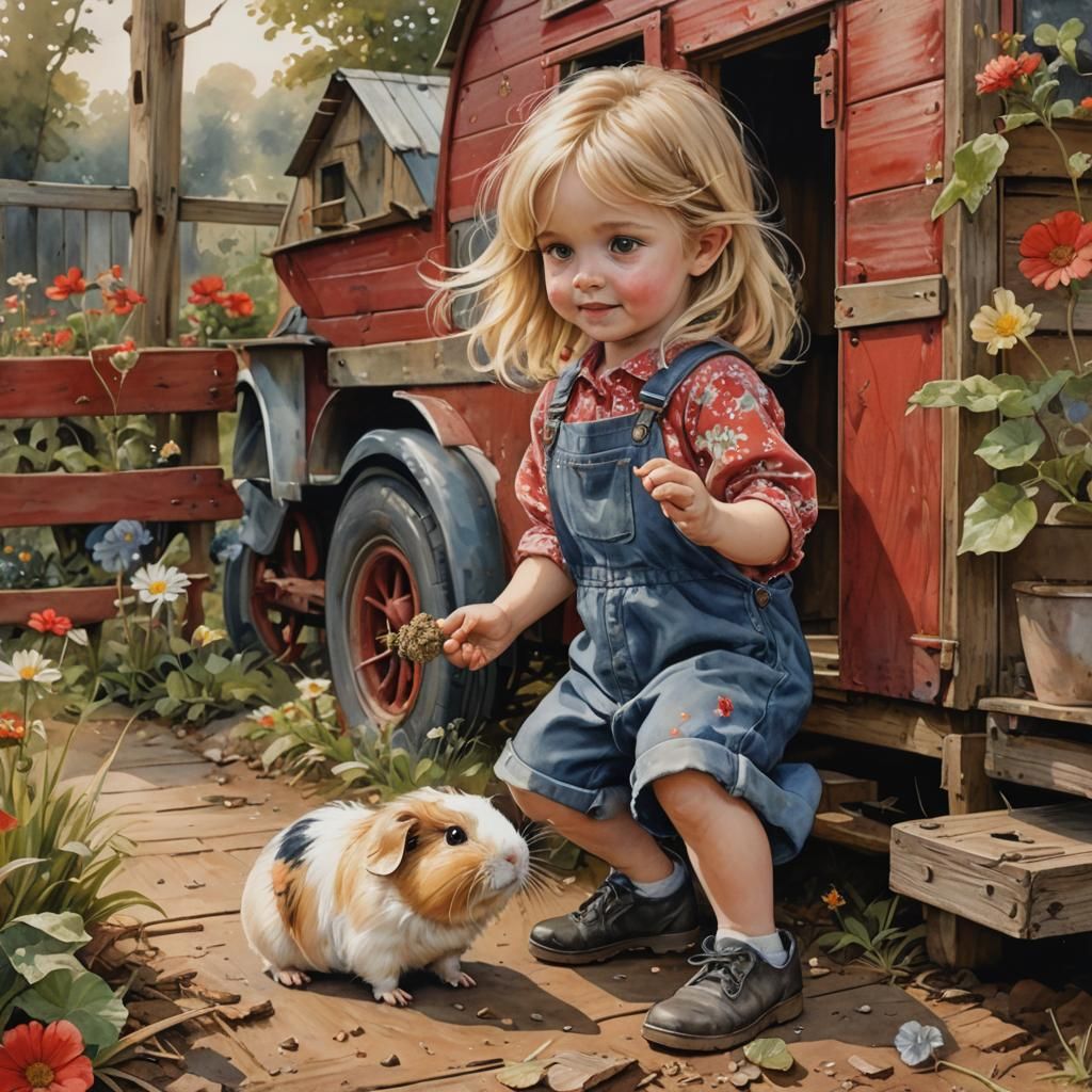 Girl and Guinea Pig in Watercolor Caravan Scene