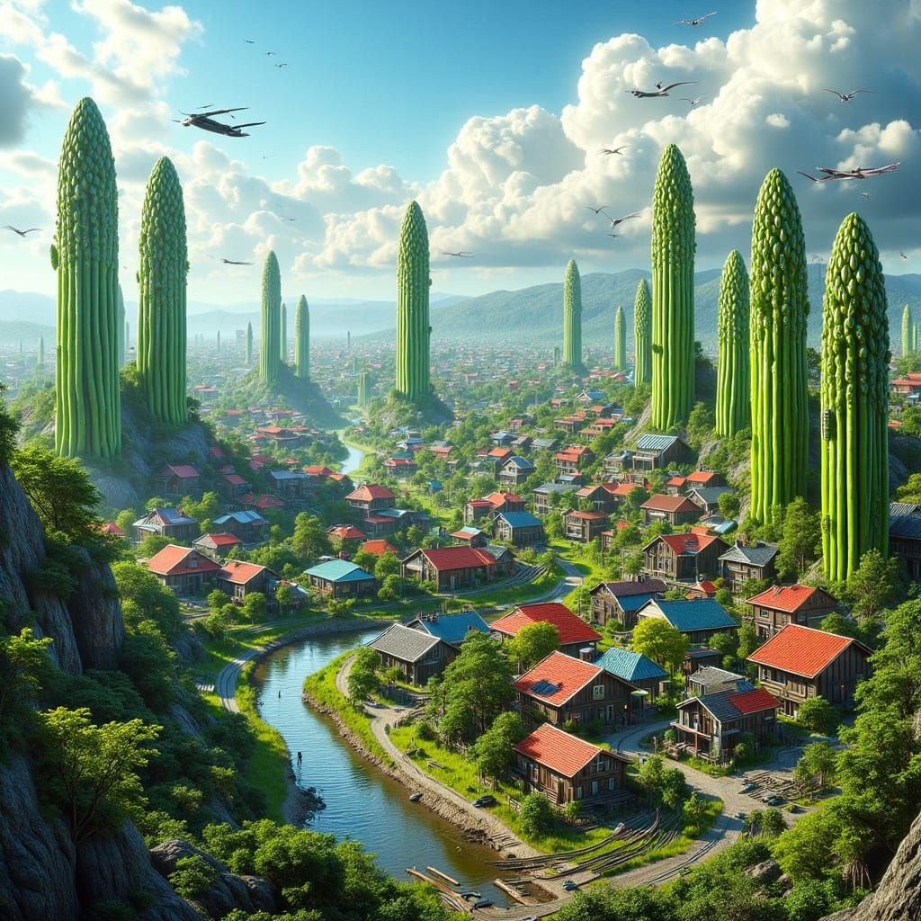 Cyberpunk Cityscape with Asparagus Buildings