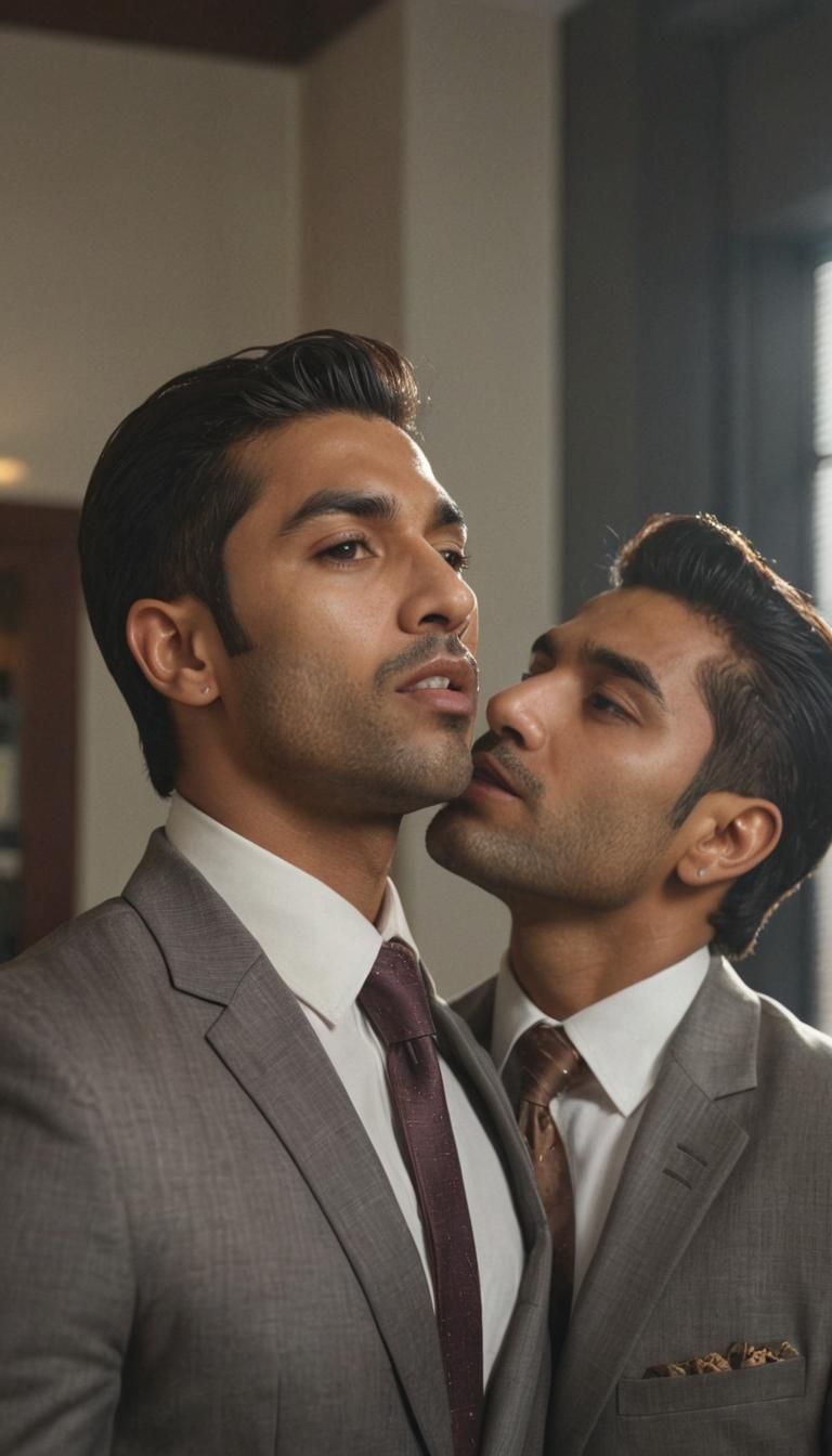 Two Handsome Men Kissing in Office, Realistic Photo