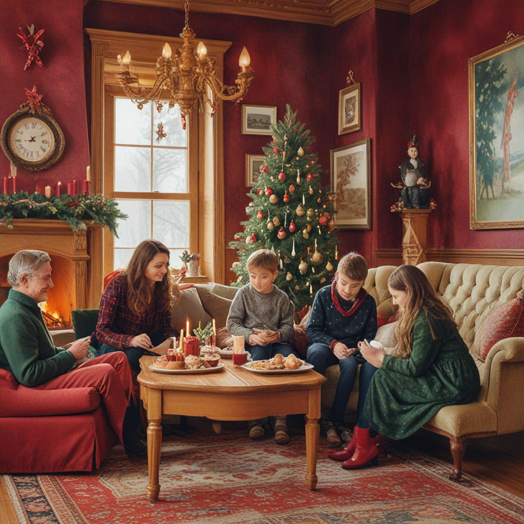 Warm Victorian Christmas Scene in Traditional Watercolor