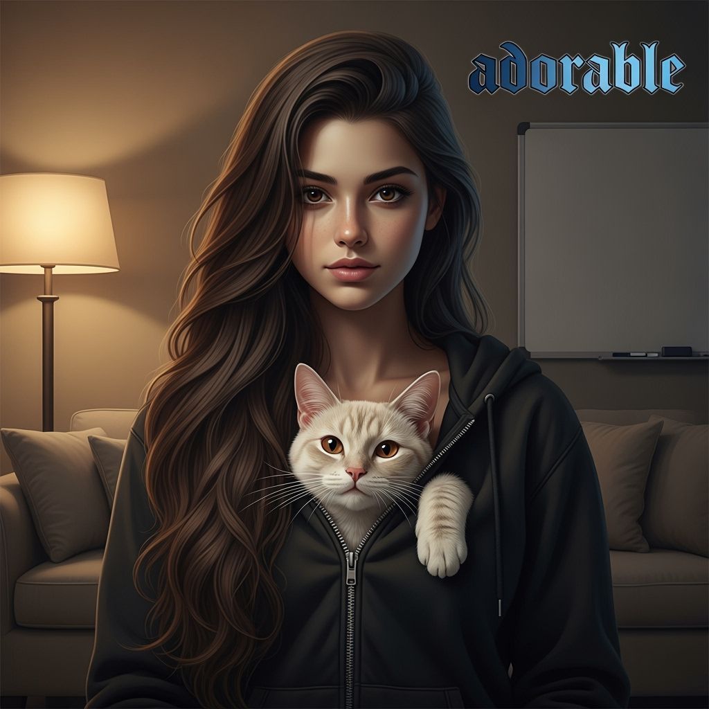 Woman With Cat In Hoodie, Digital Matte Painting