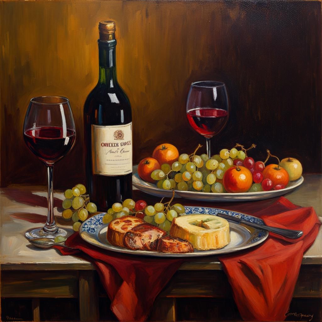 Wine and Food Still Life in Oil Painting Style