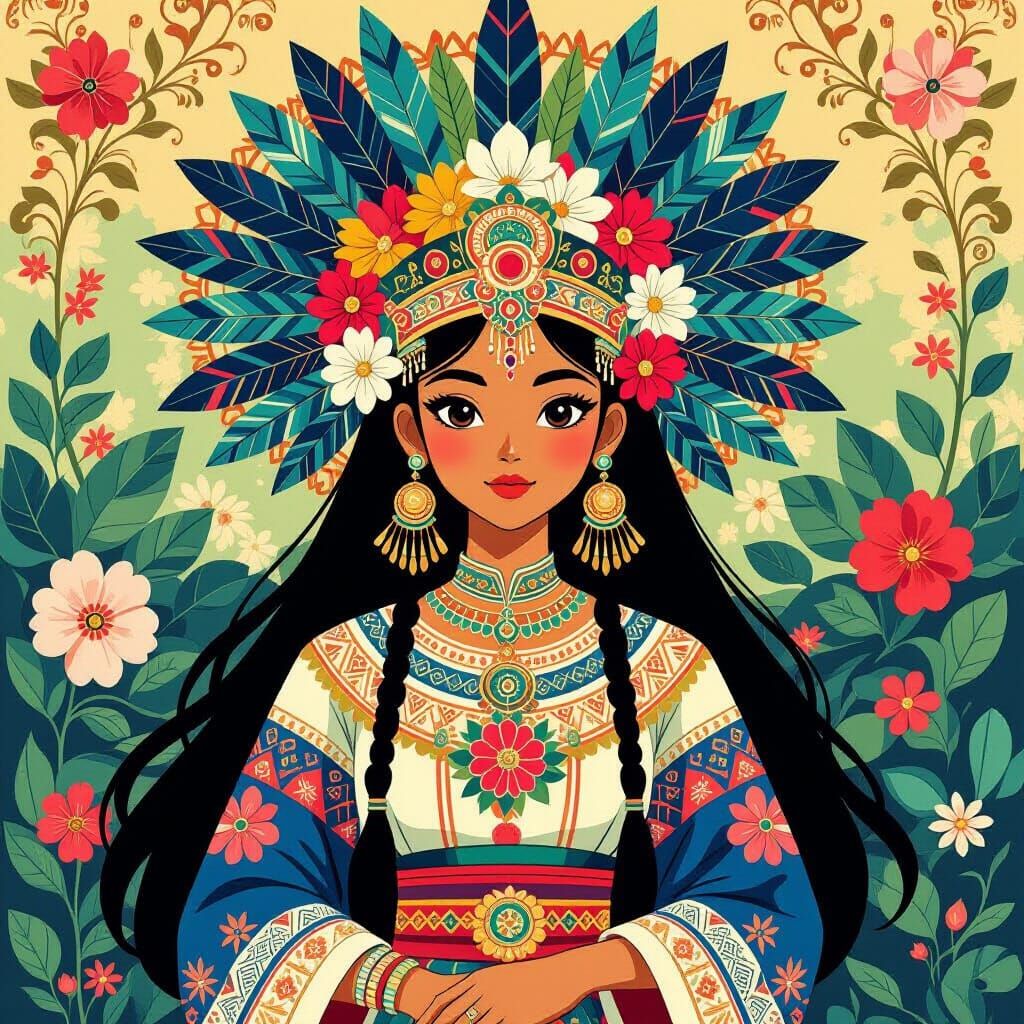 Aztec Warrior Princess with Quetzal Feathers in Anime Style