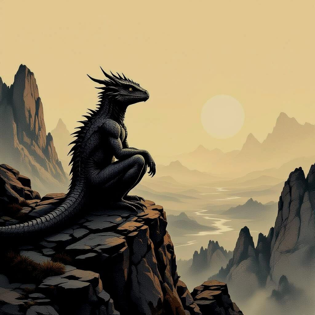 Basilisk Overlooking Landscape in Charcoal Drawing