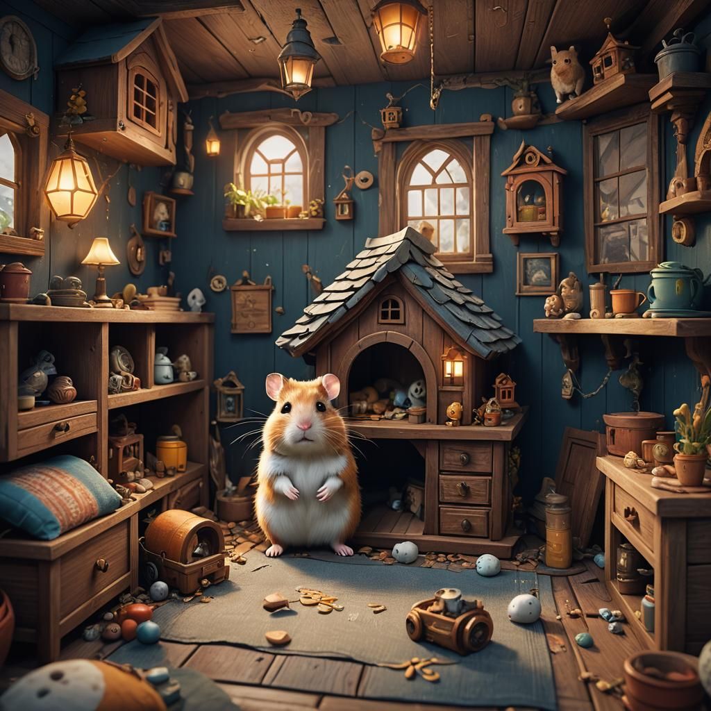 Hamster's Cozy Home: Detailed Digital Painting