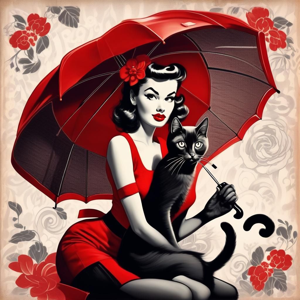 Red umbrella Pin up girl with her cat