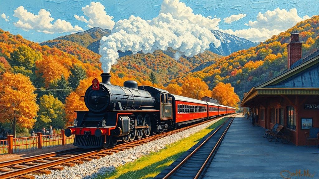 Steam Train Through Valley in Impressionistic Style