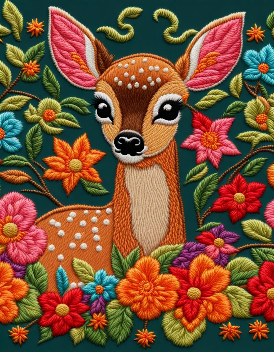 Whimsical Embroidered Fawn in Vibrant Imperial Colors