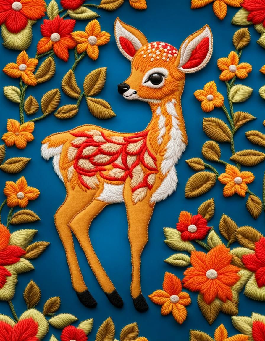 Fawn Embroidered on Vibrant Fabric