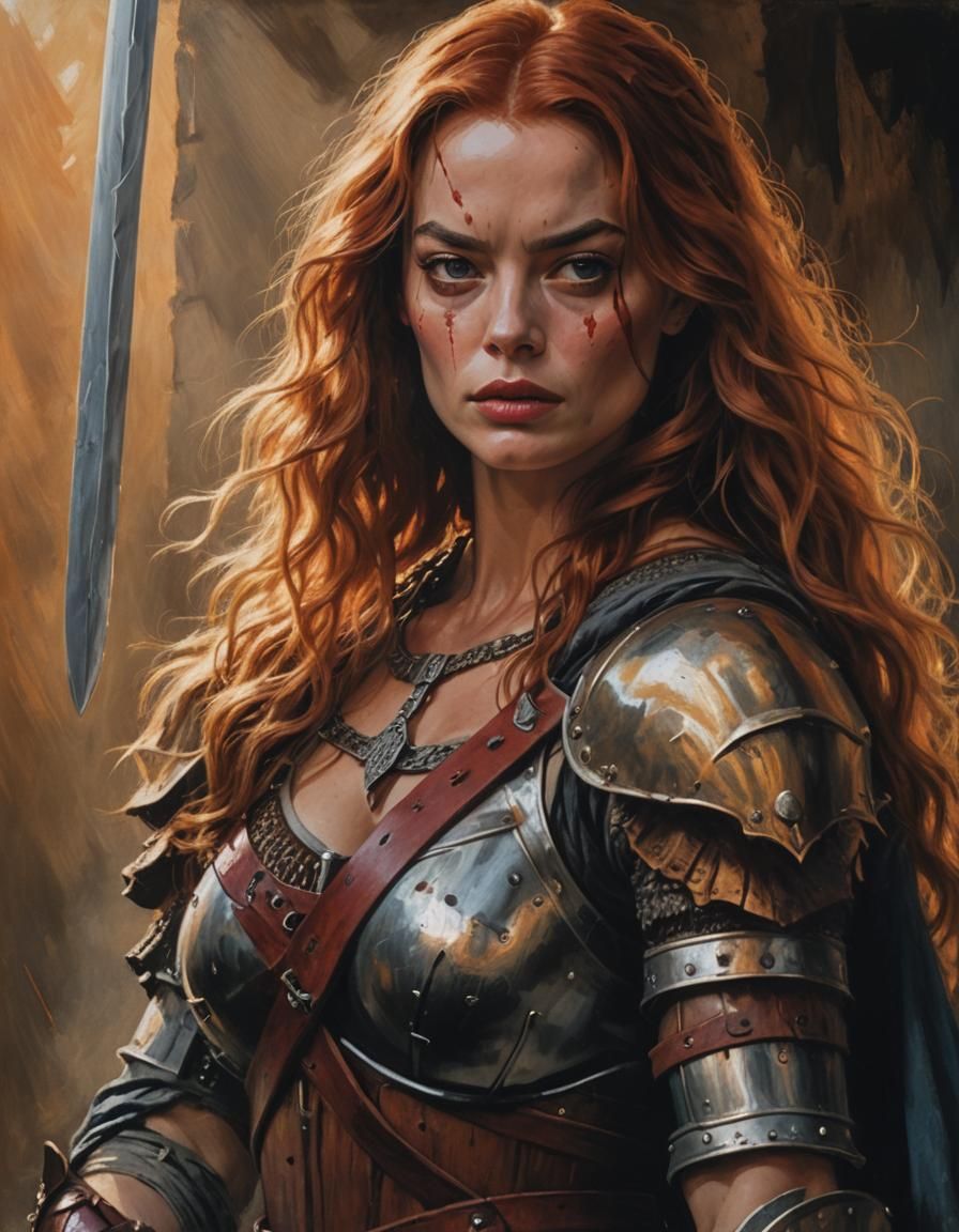 DaVinci-Style Portrait of Red Sonja in Turmoil