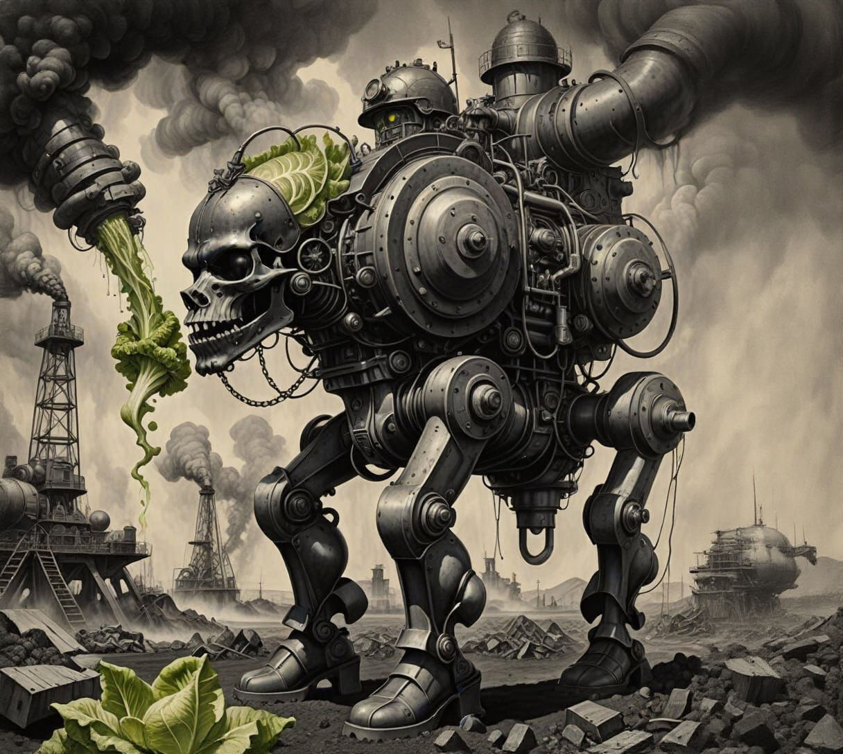 Android Eats Lettuce on Oil Pump, Surreal Charcoal Art