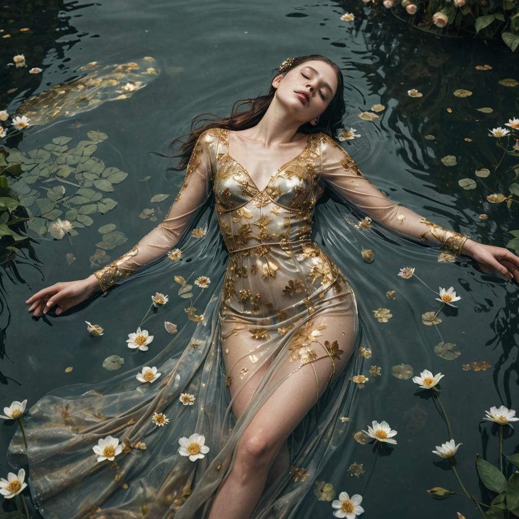 Elegantly Floating Woman in Metallic Gold
