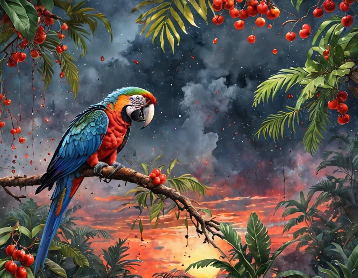 Macaw Parrot in Rainforest at Sunset: Watercolor Art