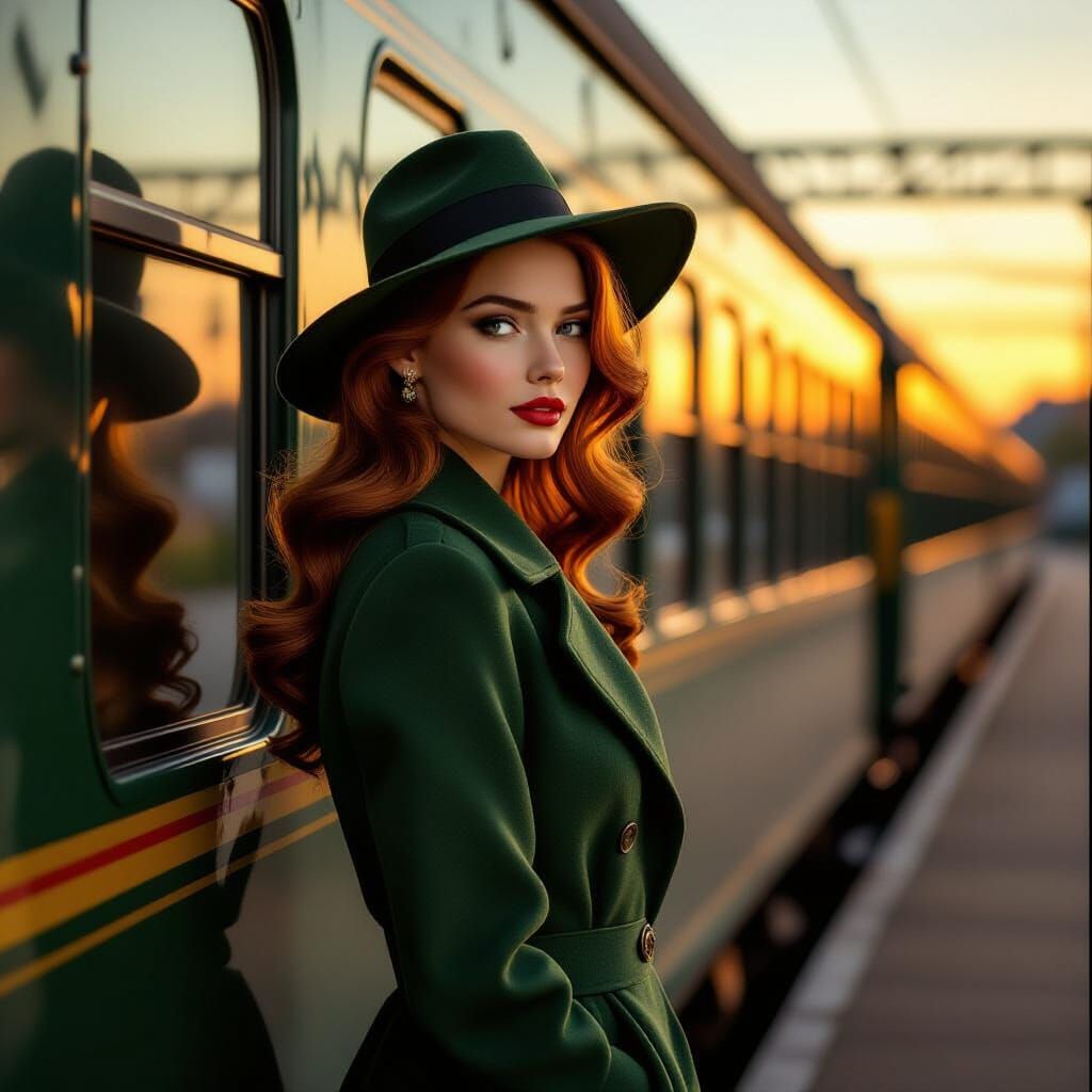 Elegant Woman Beside Art Deco Train at Dusk