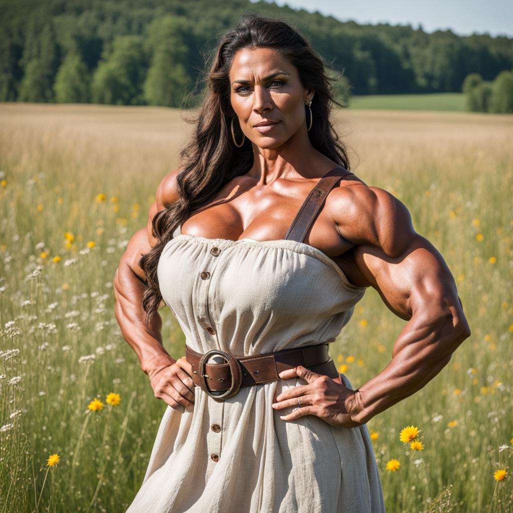 Muscular Gypsy Woman in Meadow, Photorealistic Portrait