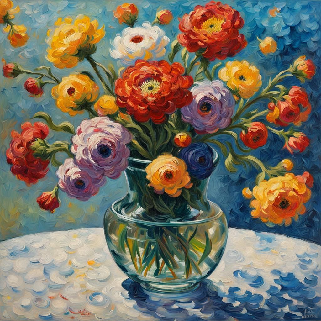 Impasto Flowers in Vase Still Life