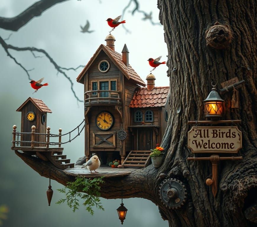Steampunk Birdhouse Village Fantasy Art in Oil Painting