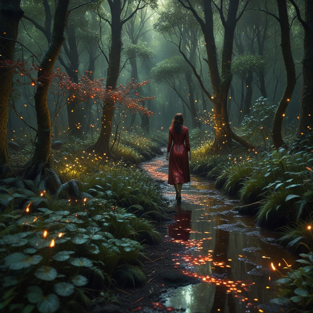 Red Figure Walks Through a Dappled Forest