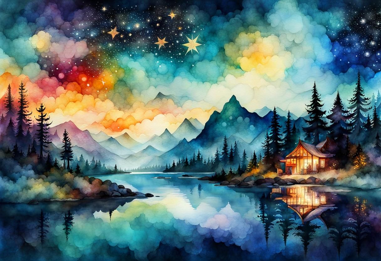 Bioluminescent Fantasy Landscape in Watercolor Style