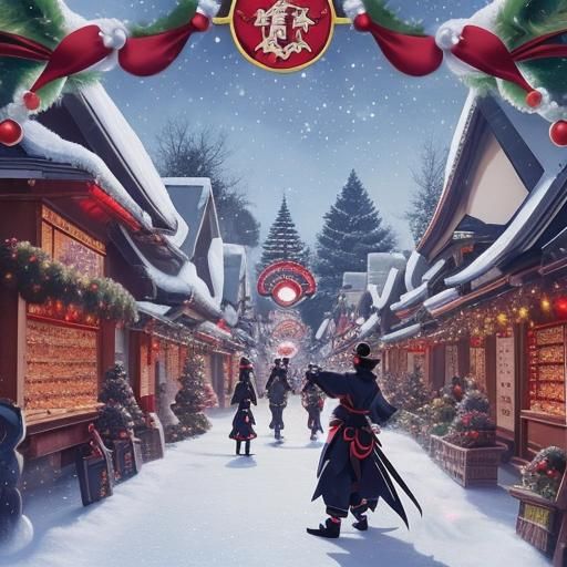 Black Samurai Versus Pokémon in Anime Style Christmas Town