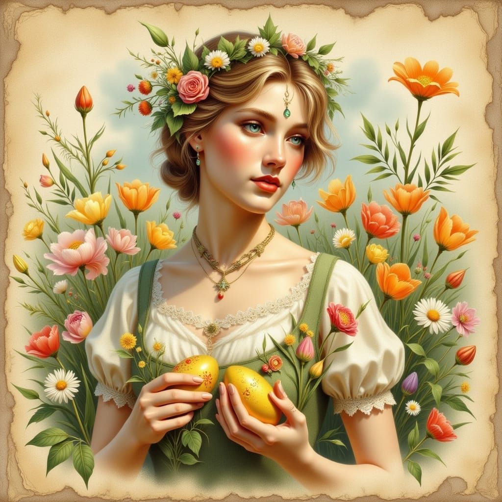 Pastel Easter Portrait with Young Woman Holding Spring Flowe...