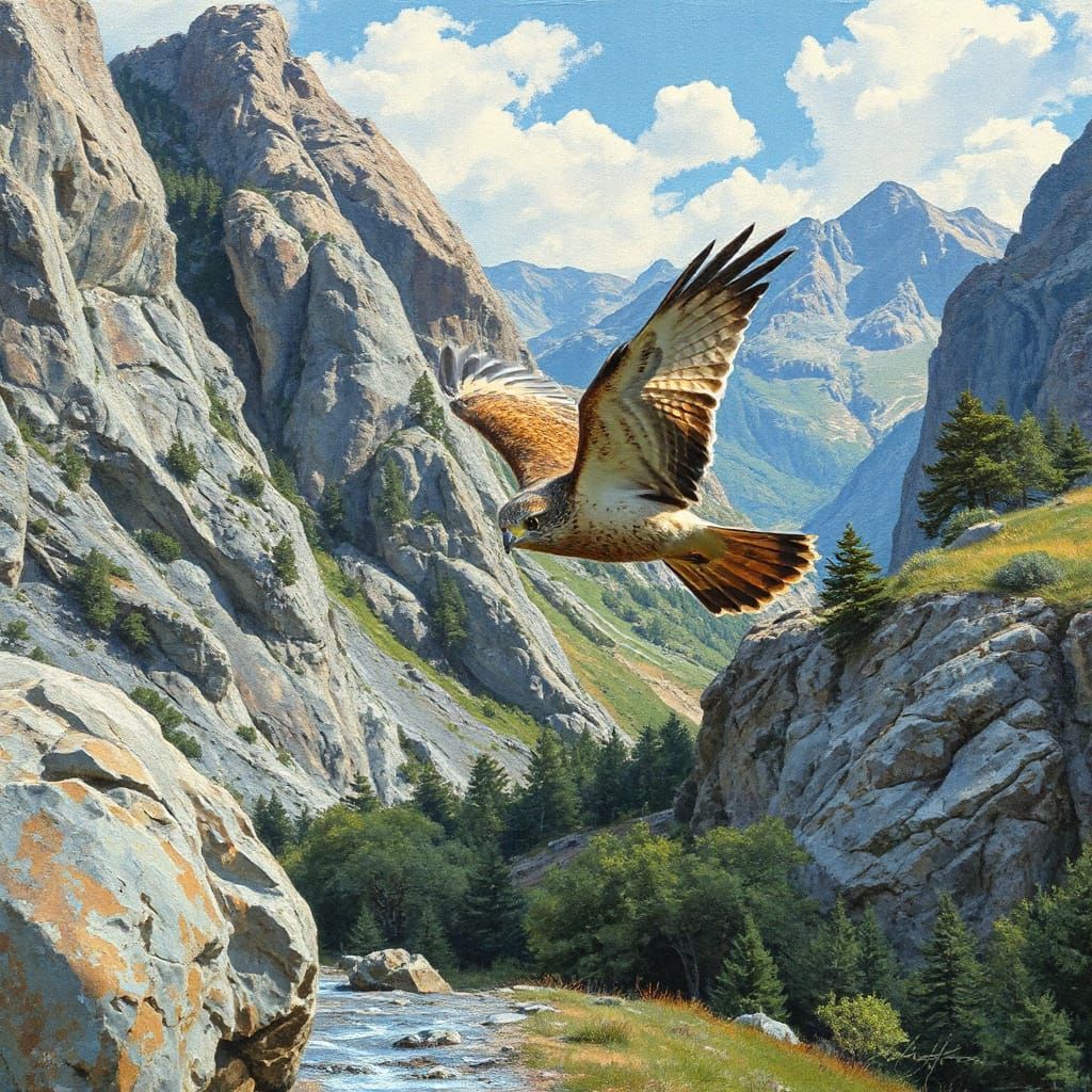 A kestrel speeds through a mountain pass in a hyperdetailed ...
