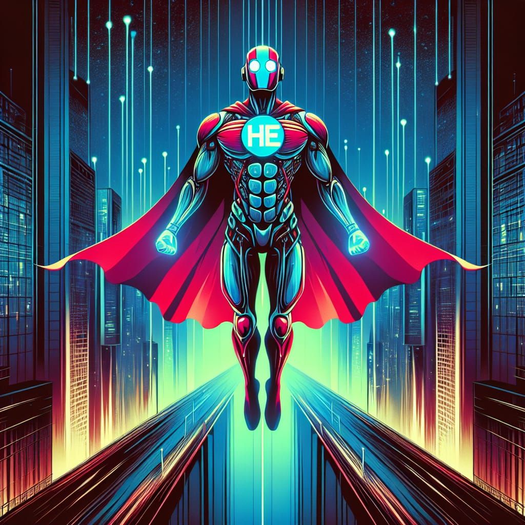 Superfluid Helium Superhero Luminogram in Dystopian Cityscap...