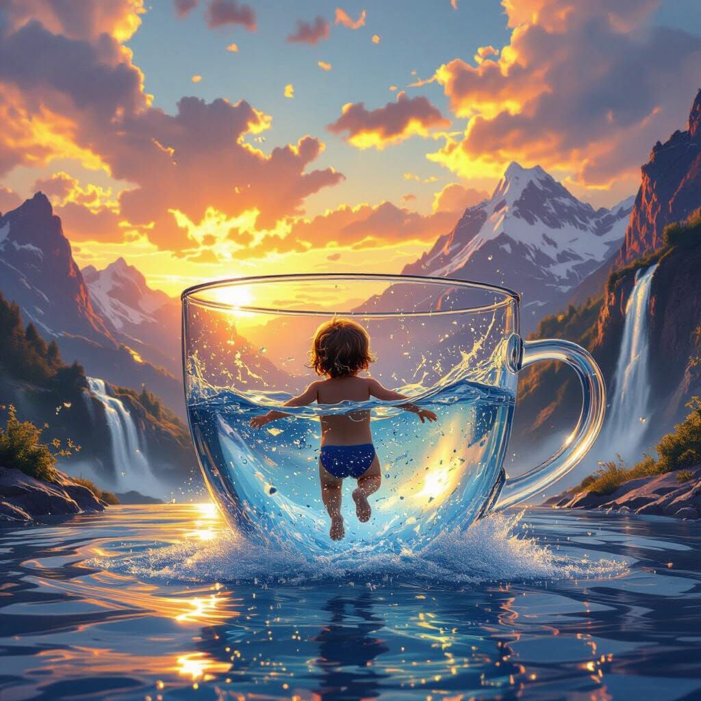 Child Swims in Glass Cup Against Scenic Landscape