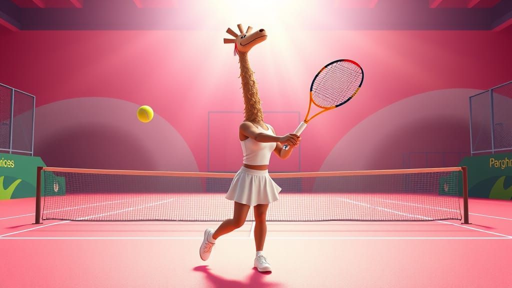 Giraffe Tennis Player in White on Tennis Court