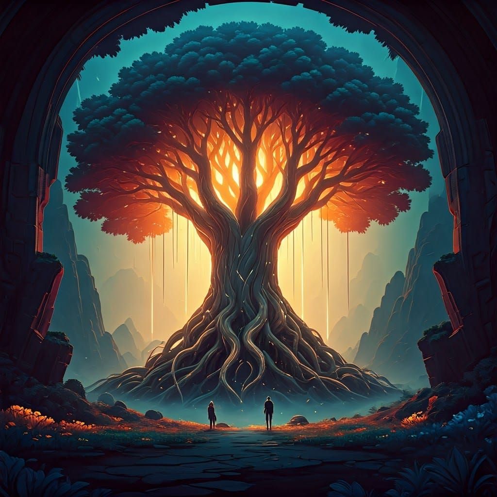 Mystical Entities Support Colossal Glowing Tree