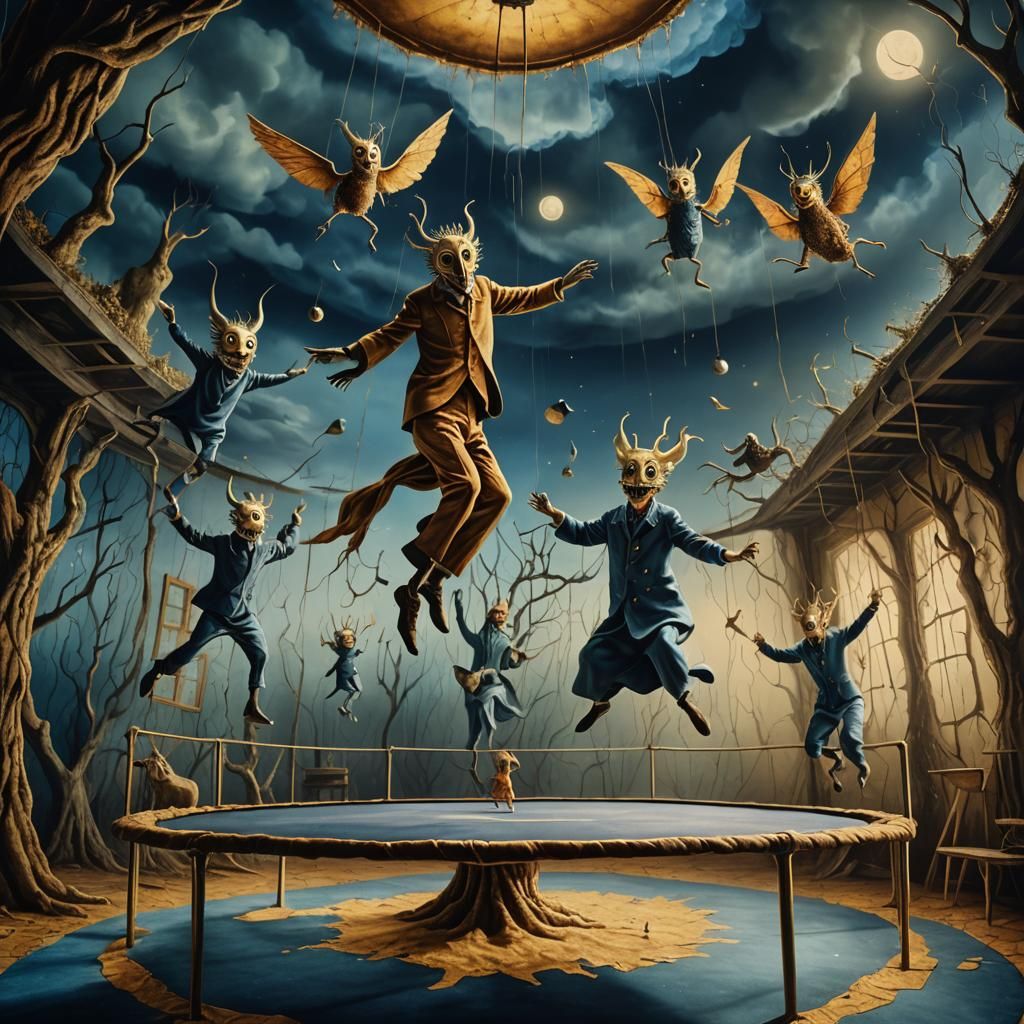 Surreal Creatures Jump on Trampoline: Oil Painting