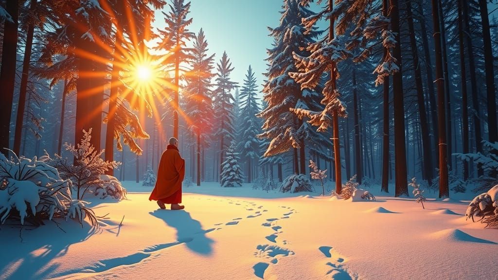 Snowy Forest Walk with Monk, in 3D Digital Art