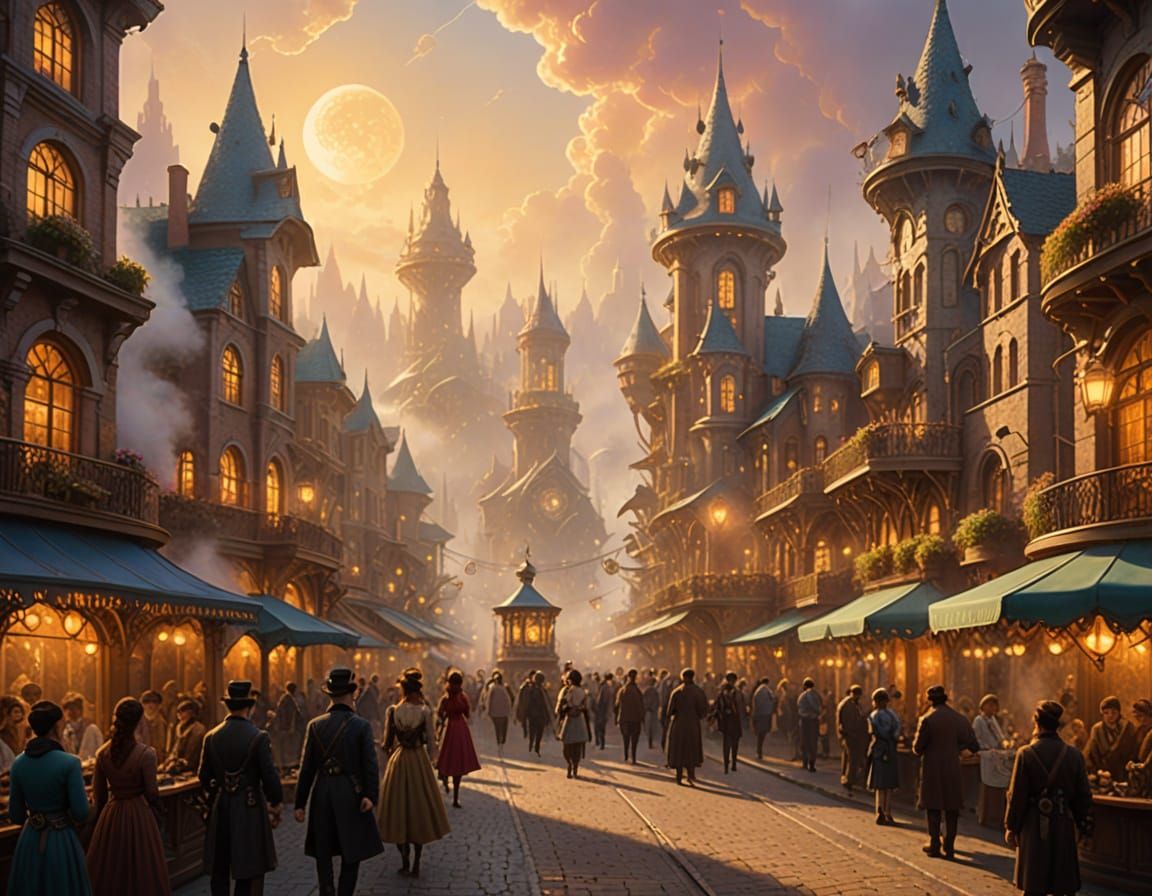 Utopian Steampunk City Center in Golden Light