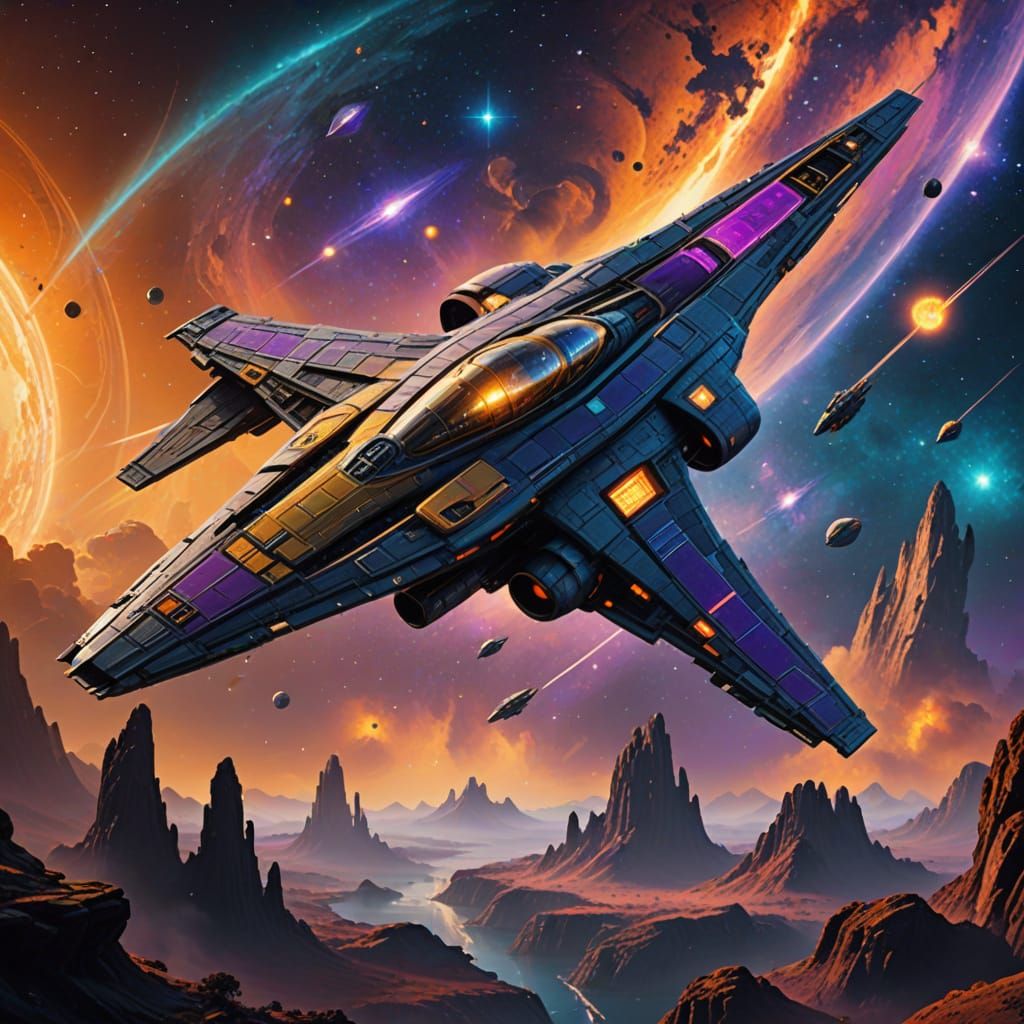 Romantic Fantasy Spaceship Encounter in a Vibrant Nebula