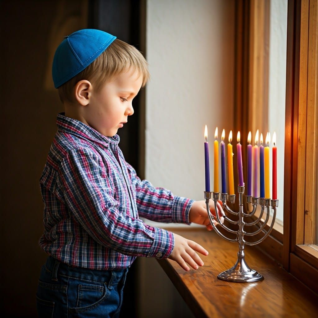 Little Haredi Boy Lights Hanukkah Menorah in Golden Sunset L...