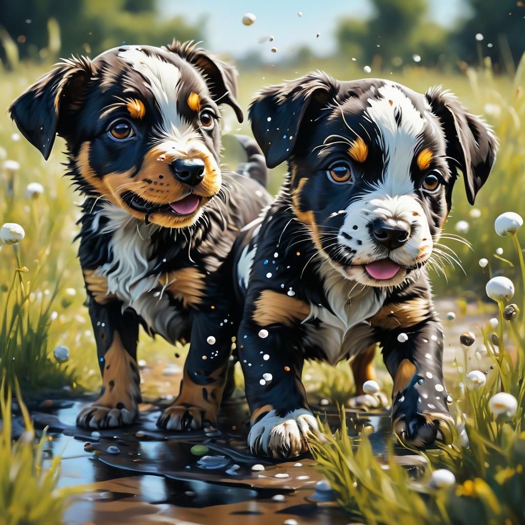 Puppies Playing: Graffiti Art in Summer Field