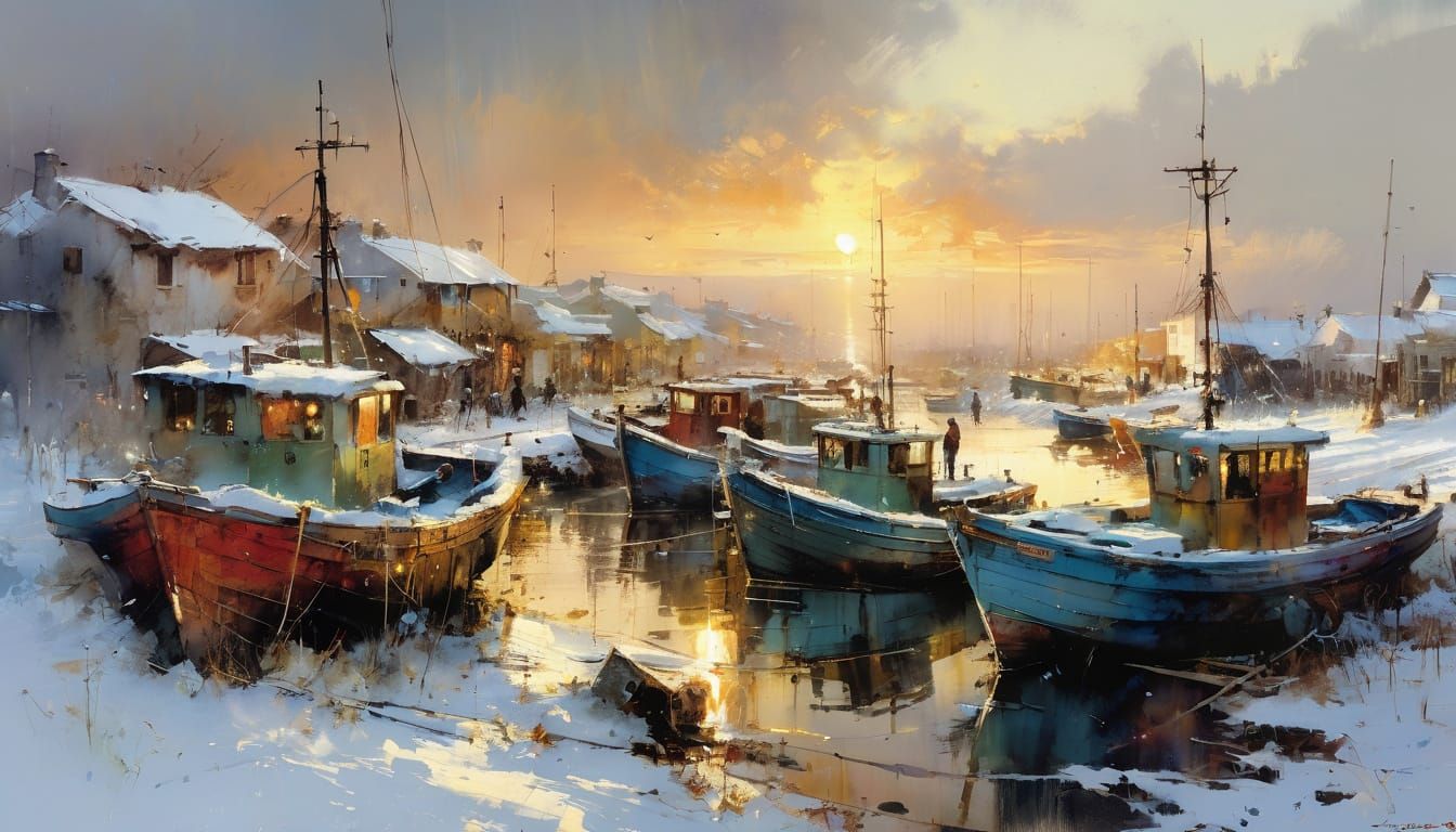 Snowy Fishing Village Watercolor Painting at Sunrise