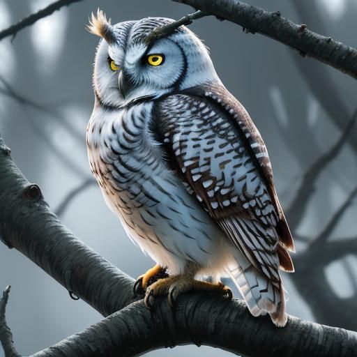 Iridescent Owl on Tree in Hyperrealistic Style