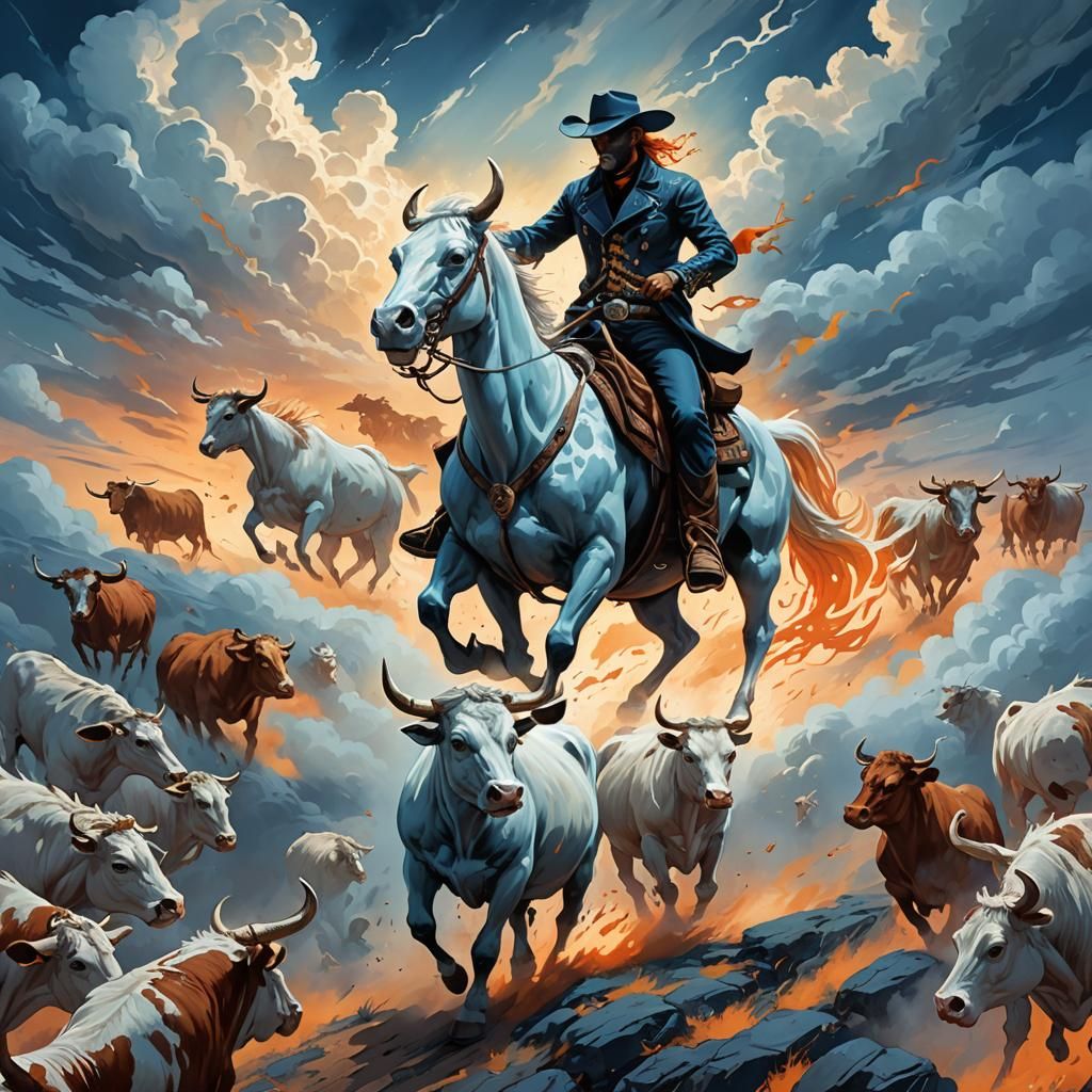 Ethereal Ghost Rider Chasing Cows in the Sky