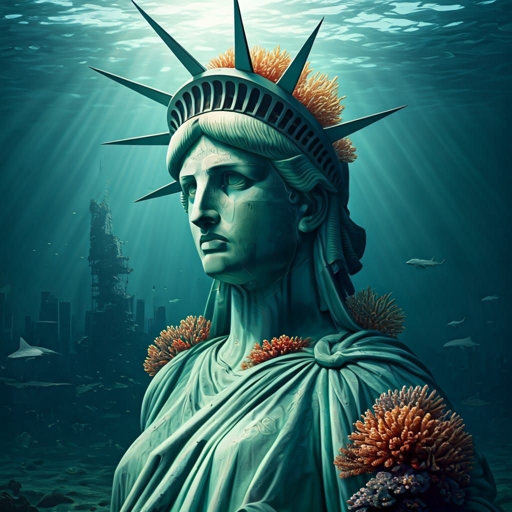Coral-Infested Statue of Liberty in Underwater Cityscape