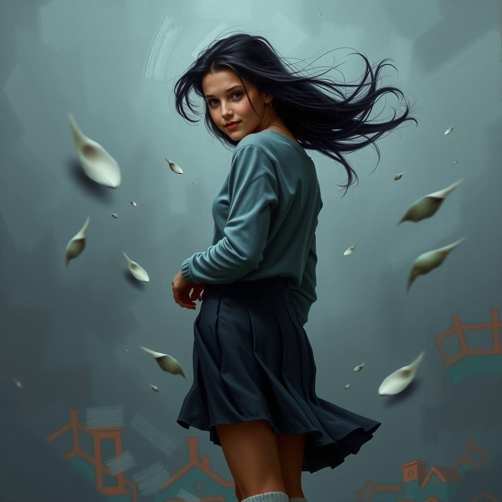 Mysterious Woman in Turbulent Winds