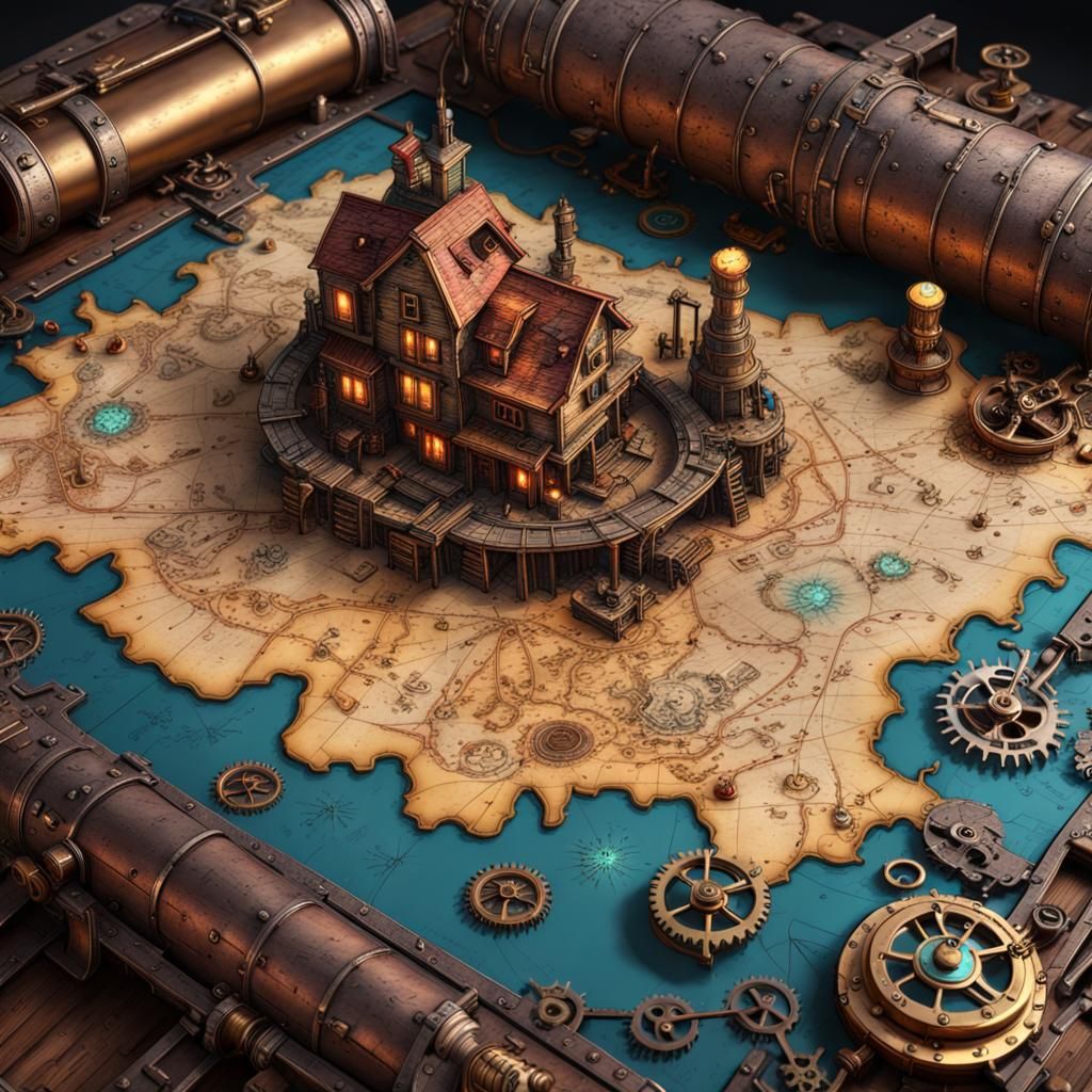 Colorful 3D Treasure Map in Cyberpunk Style