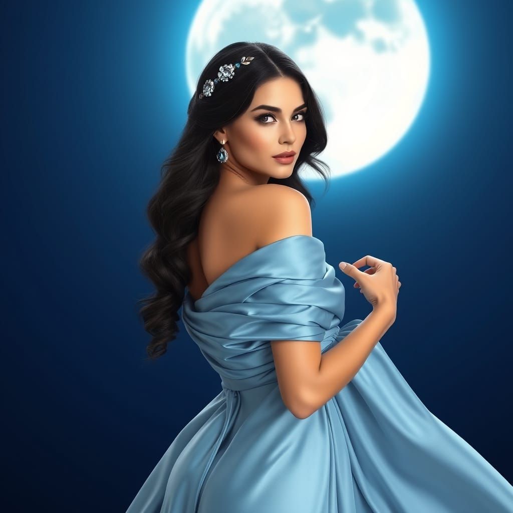 Elegant Woman Poses Under Glowing Blue Moon