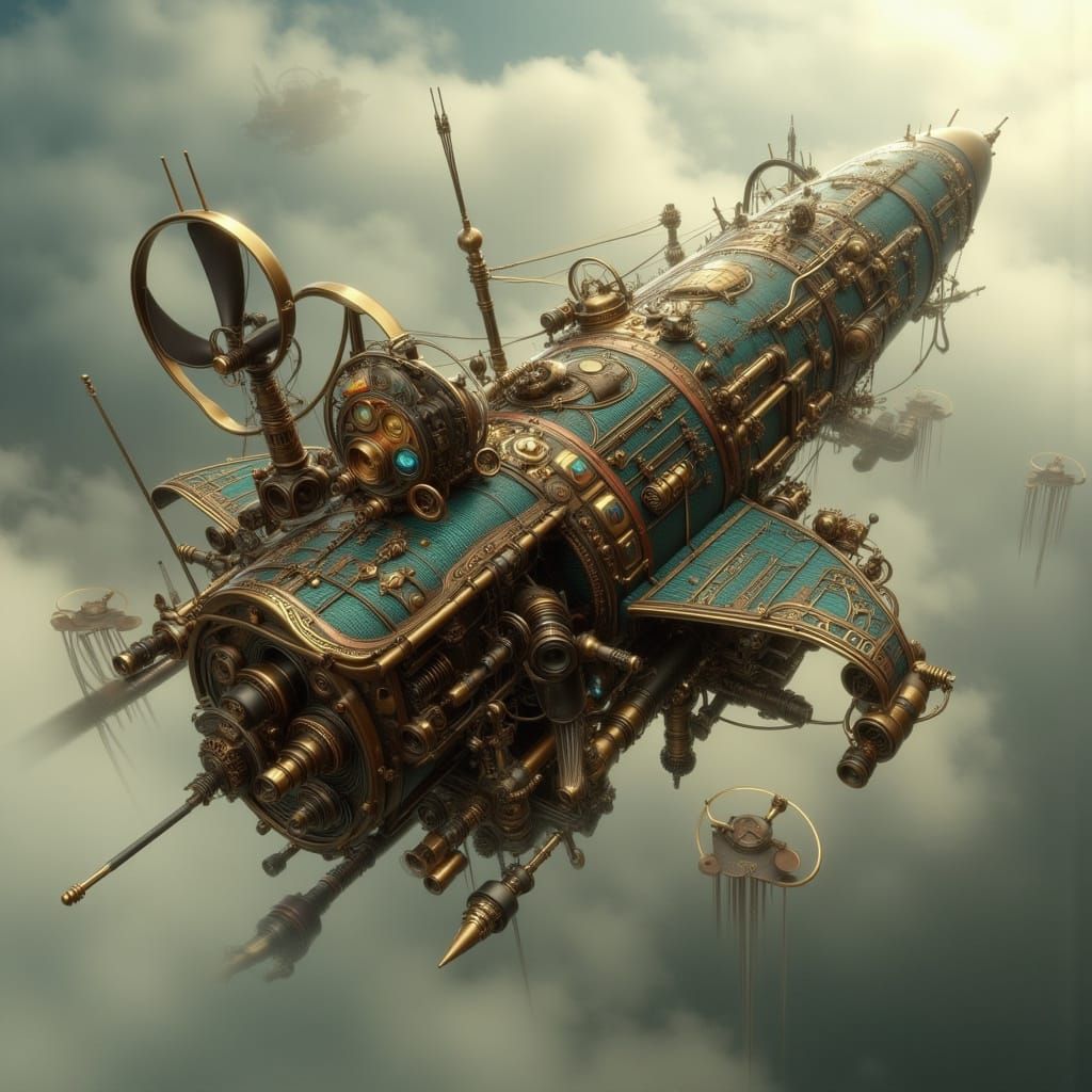 Steampunk Rocketship Soaring in Misty Skies