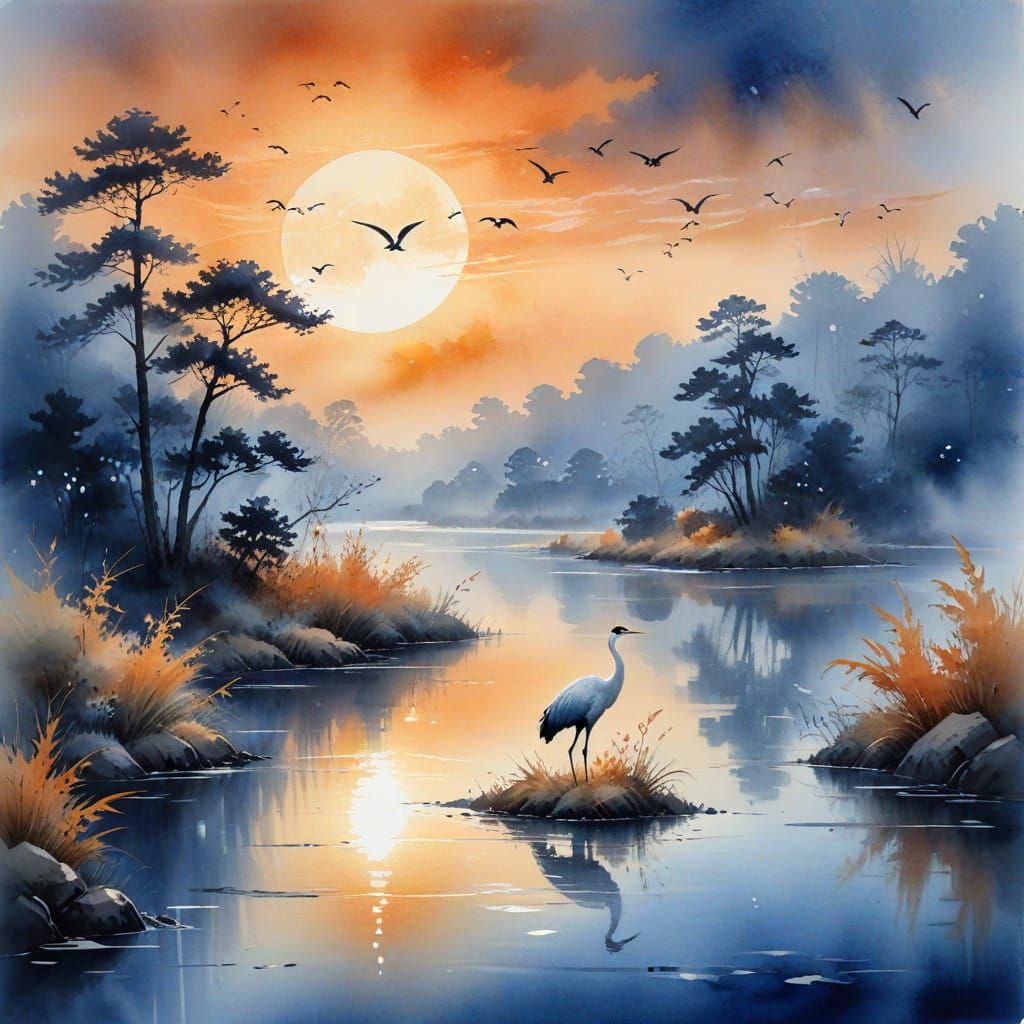 Ethereal River Landscape with Majestic Cranes and Dreamy Moo...