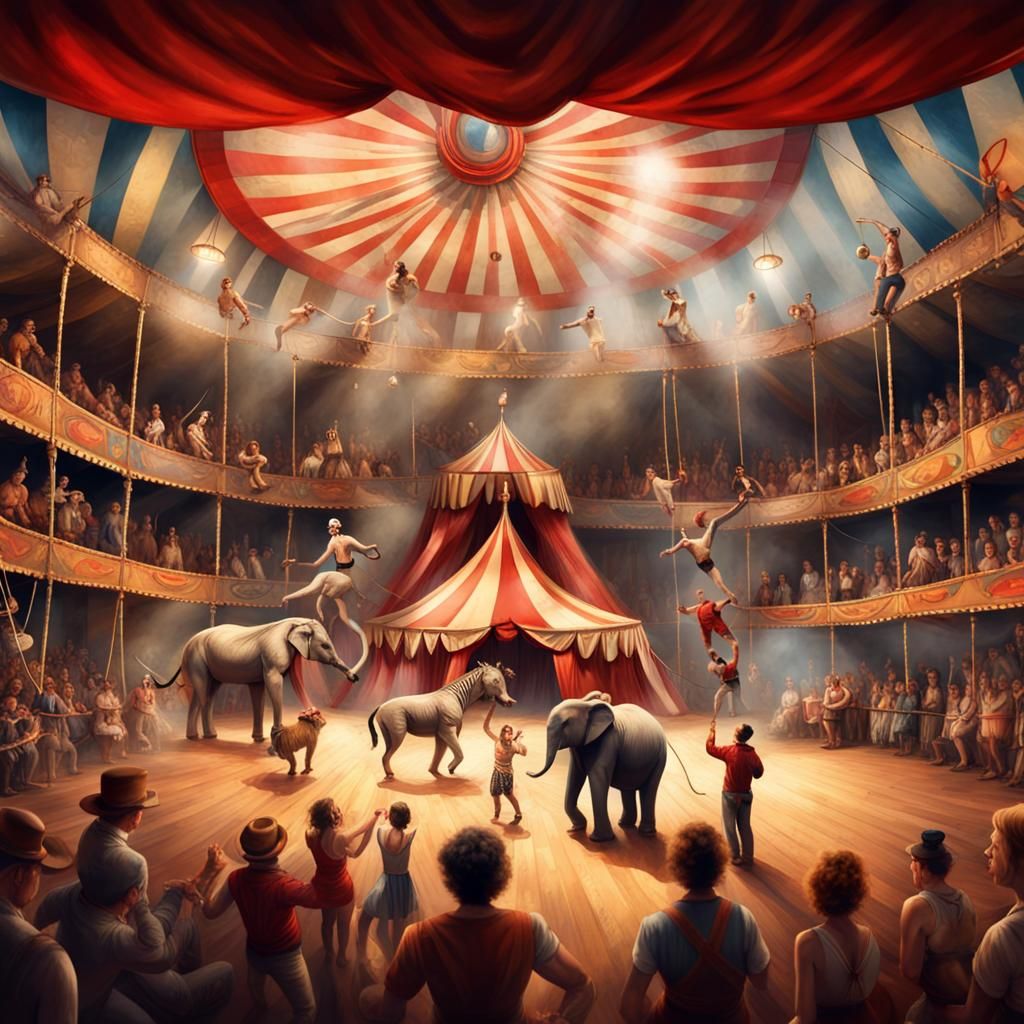 Vibrant Circus Interior with Performers and Animals